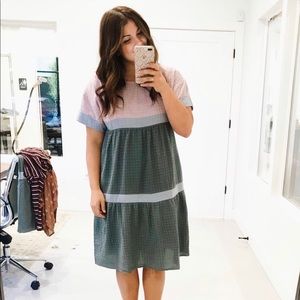 Roolee Dusty Pink and Sage Green Tiered Midi Dress